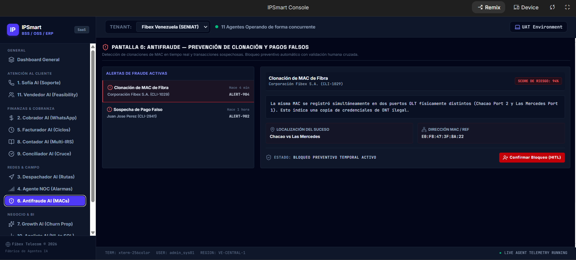 Consola del agente antifraude