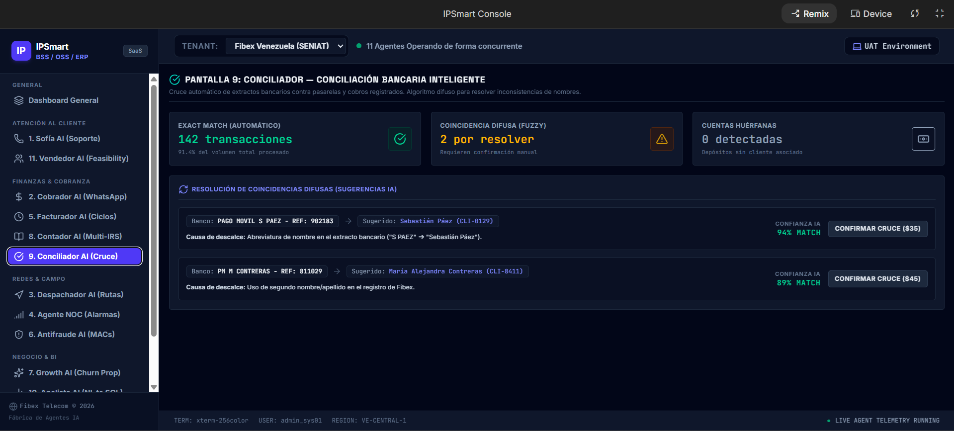 Consola del conciliador bancario